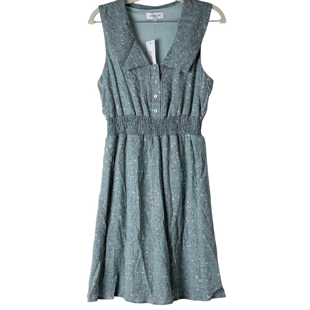 Floral Mini Dress Women Small Sage Green Sundress Prairie Fairy Babydoll Gilli